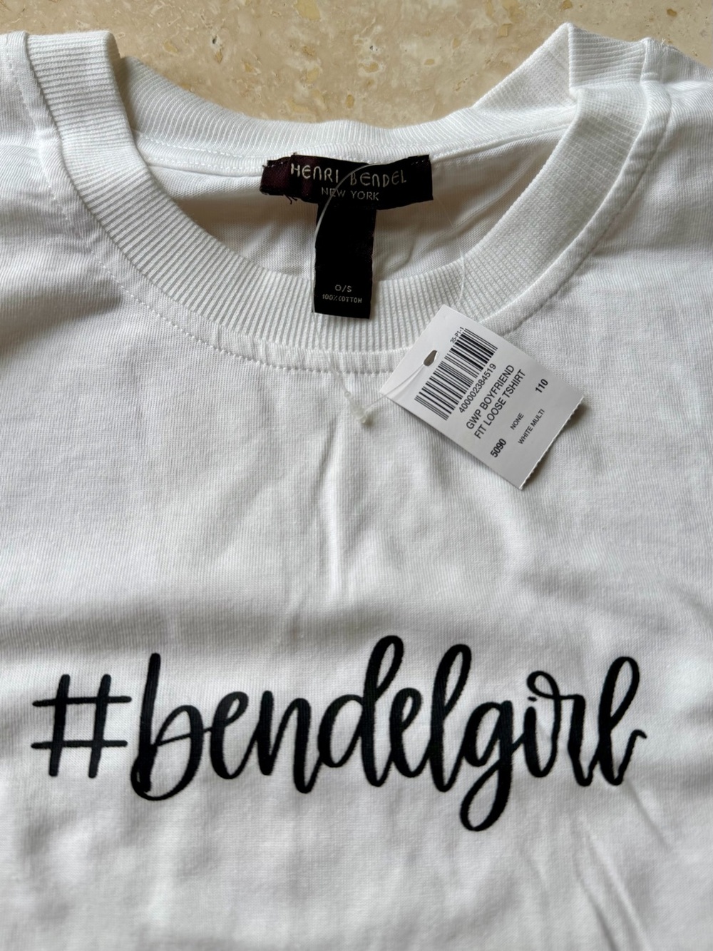 Henri Bendel White Tee with Striped Logo Tag